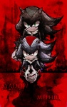 anthro big_eyes big_head black_body black_fur black_hair black_nose clothed clothing duo front_view frown fur gloves green_eyes hair handwear interlocked_fingers looking_at_viewer male mostly_nude red_background red_eyes simple_background text toony urahyu sega sonic_the_hedgehog_(series) mephiles_the_dark shadow_the_hedgehog eulipotyphlan hedgehog mammal character_name