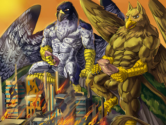 4_toes 5_fingers abs anthro balls beak biceps biped brown_body brown_fur building building_destruction city city_background city_crushing city_destruction cityscape claws destruction duo erection feathered_wings feathers feet finger_claws fingers fire fur genitals landscape_dwarfing macro macro_anthro macro_male male masturbation muscular muscular_anthro muscular_male nude outside paws pecs penile penile_masturbation penis rampage sitting sitting_on_building sky smile stomping tail toes vein veiny_penis white_body wings nightarm mythology carpo corvidius_(character) avian bird falcon falconid gryphon mythological_avian mythological_creature hi_res