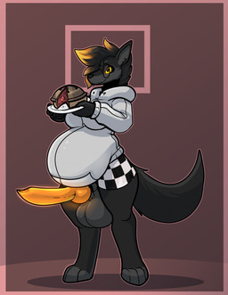 animal_genitalia animal_penis anthro balls belly belly_prodding big_balls big_belly big_penis black_body black_fur black_hair border brown_background canine_genitalia canine_penis checkered checkered_clothing cherry cherry_pie_(food) clothing erection eyewear food fruit fur genitals glasses glowing glowing_genitalia glowing_penis gradient_hair gynomorph hair hoodie intersex knot knotted_penis pastry pattern_clothing penis pie pink_border plant pregnant pregnant_anthro pregnant_gynomorph pregnant_intersex round_glasses simple_background smile solo topwear yellow_eyes yellow_hair_tips bastiel bastiel_(character) canid canine canis jackal mammal 2025 hi_res trans_(lore) trans_woman_(lore)