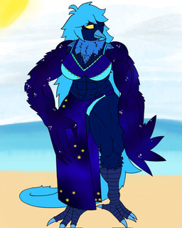 abs anthro arm_feathers beach big_breasts blue_body blue_feathers blue_hair bra breasts claws cleavage clothed clothing dress feathers feet female fishnet_clothing fluffy hair hand_on_leg hand_on_thigh long_hair muscular muscular_anthro muscular_female navel non-mammal_breasts non-mammal_navel one_eye_closed smile solo standing star talons thick_thighs toe_claws toes underwear wings car_man undertale_(series) undertale_yellow martlet_(undertale_yellow) martlet_(zenith_form) avian bird 2025 hi_res