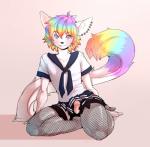 anthro black_nose blue_eyes bottomwear claws clothed clothing crossdressing ear_piercing erection feet femboy fishnet_clothing fur genitals hair hindpaw humanoid_genitalia humanoid_penis legwear looking_at_viewer male multicolored_body multicolored_fur multicolored_hair paws penis piercing rainbow_body rainbow_fur rainbow_hair shirt short_hair simple_background skirt smile solo sparklefur stockings topwear white_body white_fur caninelove revy_(revy) domestic_cat felid feline felis mammal 2014 digital_media_(artwork) hi_res shaded