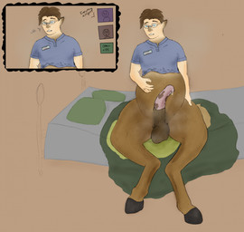 animal_genitalia animal_penis aroused at_work balls bed big_balls brown_body brown_hair caught equine_genitalia equine_penis female feral flustered furniture genitals hair half-erect hooves male mid_transformation penis sitting slow_transformation solo transformation work superspaces equid equine horse human mammal hi_res