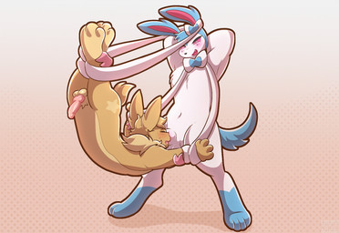 animal_genitalia animal_penis anthro balls bdsm blue_body blue_feet blue_fur blue_tail blush blush_lines bondage bound bow_(feature) brown_balls brown_body brown_tail canine_genitalia canine_penis chest_tuft duo erection eyes_closed feet fluffy fluffy_tail fully_sheathed fur genitals hands_behind_head hanging_by_arms hanging_by_feet knot knotted_penis leg_markings long_ears male male/male markings multicolored_body multicolored_head neck_tuft open_mouth penis pink_eyes pink_pupils pink_sclera pointy_ears pseudo_hair pubic_fuzz pupils raised_arm ribbon_bondage ribbons sheath sheath_nuzzling sheath_play short_tail simple_background socks_(marking) standing star_(marking) tail teeth tuft white_balls white_body white_fur white_sheath jonky nintendo pokemon eevee eeveelution generation_1_pokemon generation_6_pokemon pokemon_(species) shiny_pokemon sylveon 2026 animated hi_res