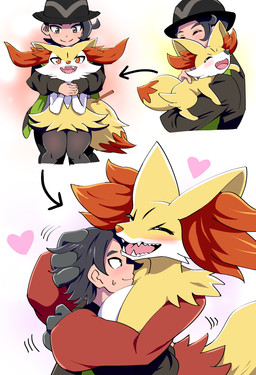 3_fingers 5_fingers ambiguous_anthro ambiguous_feral ambiguous_gender anthro arm_tuft big_breasts biped black_body black_nose blush bodily_fluids body_blush breasts cheek_tuft chest_tuft closed_smile clothed clothed_human clothed_male clothing cute_fangs digitigrade dipstick_tail directional_arrow duo emanata evolution evolutionary_family eyelashes eyes_closed facial_tuft fangs female female_anthro feral fingers front_view fully_clothed fully_clothed_human fully_clothed_male fur grey_eyes happy heart_symbol hip_tuft holding_another holding_partner hug inner_ear_fluff male male_human markings motion_lines mouth_closed multicolored_body multicolored_fur nervous nervous_smile nude nude_ambiguous nude_anthro nude_female object_in_tail one_fang open_mouth open_smile orange_body orange_eyes orange_fur orange_inner_ear_fluff orange_nose orange_tail_tip pointy_ears prick_ears quadruped sharp_teeth shoulder_tuft side_view simple_background smile snout standing stick stick_in_tail sweat tail tail_markings teeth tongue tuft two_tone_tail white_body white_fur yellow_body yellow_fur yellow_tail mamiyama nintendo pokemon pokemon_legends_z-a paxton_(pokemon) braixen canid delphox fennekin generation_6_pokemon human mammal pokemon_(species) 2025 cel_shading colored digital_drawing_(artwork) digital_media_(artwork) hi_res japanese_description sequence shaded translated_description