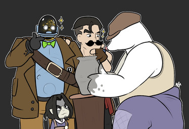anthro bow_tie claws clay facial_hair fur group machine male mustache pottery sculpting white_body white_fur xobunny04 deadlock_(game) valve dynamo_(deadlock) krill_(deadlock) mo_(deadlock) the_lash eulipotyphlan haplorhine human mammal mole_(animal) monkey primate robot