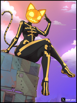 anthro black_bodysuit black_border black_clothing black_skinsuit bodysuit border breasts clothing crossed_legs empty_eyes female food for_a_head front_view fruit jack-o'-lantern plant pumpkin sitting skeleton_costume skinsuit solo thick_thighs tight_clothing wide_hips yellow_eyes shadboya epic_games fortnite spice_(fortnite) domestic_cat felid feline felis mammal object_head absurd_res hi_res