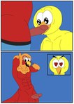 anthro border clothing erection feathered_wings feathers genitals male male/male muscular muscular_anthro penis red_body undressing white_border wings yellow_body ciel-wolf nickelodeon the_loud_house sergio_(the_casagrandes) walt_loud avian bird parrot