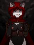 anthro black_body black_fur breasts cloak clothing corset female fur hair hood lingerie long_hair looking_at_viewer nipple_piercing nipples piercing pink_nose red_hair smile smirk solo topwear white_body white_fur colacatinthehat leah_(lipton) canid canine fox mammal 2014 hi_res