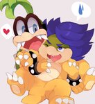 anthro blue_eyes blue_hair bodily_fluids bracelet buckteeth duo eyewear glasses green_hair hair heart_symbol jewelry male male/male spiked_bracelet spikes sweat sweatdrop teeth tongue zeso mario_bros nintendo iggy_koopa koopaling ludwig_von_koopa koopa scalie absurd_res hi_res