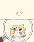 ambiguous_gender blue_eyes feral fur looking_at_viewer magnifying_glass simple_background solo text yellow_body yellow_fur unknown_artist nintendo pokemon arachnid arthropod generation_5_pokemon joltik pokemon_(species) 4:5 english_text