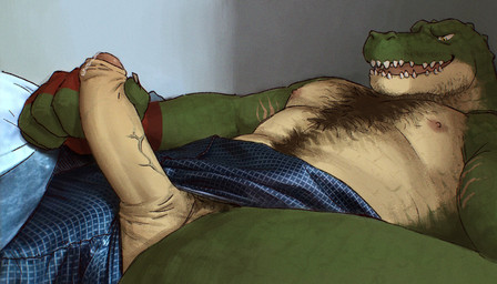 anthro arm_markings aroused aroused_smile barazoku beard bed_sheet bedding belly_hair biceps bodily_fluids body_hair brown_hair chest_hair clothed clothing dripping erection facial_hair fangs foreskin genital_fluids genitals hair hairy hand_markings hand_on_penis happy_trail looking_at_genitalia looking_at_penis lying male manly markings masturbation muscular mustache nipples on_back open_mouth pecs penis precum precum_drip pubes reclining slightly_chubby solo spread_legs spreading stubble teeth topless under_covers vein veiny_penis yellow_eyes yeshh crocodile crocodilian reptile scalie 2025 draw_over hi_res