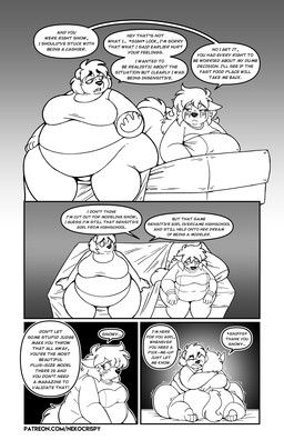 4_panel_comic 4_toes 5_fingers anthro barefoot bed belly belly_overhang big_belly big_breasts black_line_art blush blush_lines bodily_fluids bottomwear bracelet breasts butt closed_frown clothed clothing crying dialogue duo ear_piercing eyebrow_through_hair eyebrows eyelashes feet female fingers frown fully_clothed fur furniture gradient_background hair half-closed_eyes hug huge_thighs hugging_object hugging_pillow jewelry long_hair lying mouth_closed narrowed_eyes necklace obese obese_anthro obese_female on_bed on_front one-piece_swimsuit open_frown open_mouth overweight overweight_anthro overweight_female pants piercing pillow pupils runny_nose sad shirt simple_background sitting sitting_on_bed snout speech_bubble swimwear tail talking_to_another tank_top tears teeth text thick_thighs toes tongue topwear translucent translucent_hair wariza wide_hips nekocrispy mary_blissany snow_polaroski bear canid canine canis domestic_dog mammal polar_bear ursine 2023 comic digital_media_(artwork) english_text greyscale hi_res monochrome url
