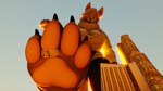 city feet female foot_focus looking_at_viewer looking_down macro pawpads paws raised_foot shrunken_object shrunken_planet solo stepping sunset uwunice lobita_(uwunice) canid canine canis mammal wolf 16:9 3d_(artwork) digital_media_(artwork) hi_res widescreen