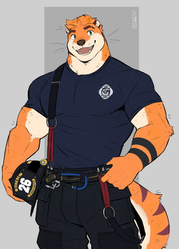 anthro arm_tattoo armor biceps black_bottomwear black_clothing black_pants blue_clothing blue_shirt blue_topwear bottomwear clothed clothing deltoids firefighter firefighter_helmet firefighter_uniform forearm_muscles forearms fur green_eyes hair headgear helmet holding_object logo_on_shirt looking_at_viewer male markings muscular muscular_anthro muscular_male orange_body orange_fur orange_hair pants pattern_clothing pecs shirt smile solo striped_clothing striped_markings striped_tail stripes suspenders tail tail_markings tattoo teeth topwear uniform whiskers ixkouu zeke_(barazokudex) mammal mustelid otter 2025 hi_res