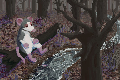 ambiguous_gender anthro autumn detailed_background fur grey_body grey_fur log outside pink_nose plant river sitting_on_log solo tree white_body white_fur wood demensa mammal mouse murid murine rodent 2020 3:2 digital_media_(artwork) pixel_(artwork)