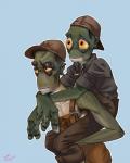 bottomwear carrying_another clothed clothing duo green_body hat headgear headwear male not_furry overalls pants piggyback shirt simple_background smile standing topless topwear yellow_sclera young oddsod oddworld alf_(oddworld) toby_(oddworld) alien alien_humanoid humanoid mudokon 2018 digital_drawing_(artwork) digital_media_(artwork) hi_res