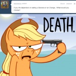 ask_jappleack blonde_hair clothing cloud dialogue female feral green_eyes gun hair handgun hat headgear headwear holding_gun holding_object holding_ranged_weapon holding_weapon looking_at_viewer outside pistol ranged_weapon sky solo sun text weapon hotdiggedydemon friendship_is_magic hasbro my_little_pony tumblr applejack_(mlp) earth_pony equid equine horse mammal pony 1:1 english_text