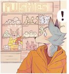 2020 anthro beastars canid canine canis clothed clothing comic duo eden_fries exclamation_point fully_clothed fur hi_res holding_object legoshi_(beastars) male mammal plushie wolf