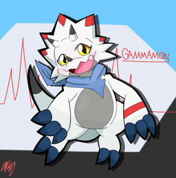 ambiguous_gender anthro black_claws blush chibi claws facial_horn horn kerchief nose_horn simple_background solo toe_claws white_body yellow_eyes aomaruzinr34 bandai_namco digimon digimon_ghost_game ceratopsian digimon_(species) dinosaur gammamon ornithischian prehistoric_species reptile scalie hi_res