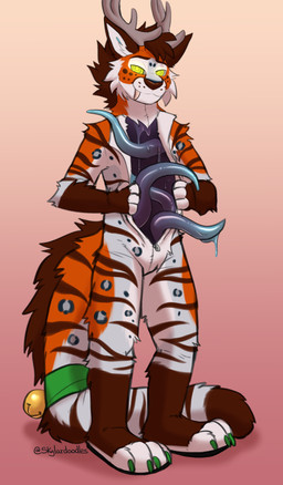 4_fingers 4_toes anthro antlers bell bell_on_tail biped brown_body brown_fur brown_nose brown_stripes cheek_tuft claws dipstick_fingers dipstick_tail dripping dripping_tentacles facial_tuft fangs featureless_crotch feet fingers fur glistening glistening_tentacles gloves_(marking) glowing glowing_eyes gradient_background green_claws grey_antlers grey_spots head_tuft hollow_body horn hypnotic_eyes inner_ear_fluff inviting leg_markings leopard_spots long_tail male mane markings multicolored_body multicolored_fur nude nude_anthro nude_male offering_to_viewer open_body orange_body orange_fur paws pink_background plantigrade ringed_eyes sabertooth_(anatomy) sharp_teeth simple_background slime smile snaggle_tooth snout socks_(marking) solo spiral spots standing striped_body striped_fur striped_markings stripes tail tail_markings teeth tentacles tentacles_from_body text toe_claws toeless_(marking) toeless_socks_(marking) toes tuft unusual_anatomy unzipped wet whisker_spots white_body white_fur yellow_background yellow_eyes zipper zipper_pull_tab skylardoodles mythology colin-tox animate_inanimate canid canine dragon felid fox hybrid living_clothing living_costume living_fursuit mammal mythological_creature mythological_scalie pantherine scalie tiger 2025 artist_name hi_res shaded signature