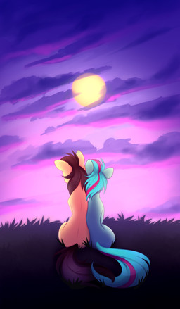 brown_hair cloud cuddling detailed_background duo entwined_tails female feral fur grass green_body green_fur green_hair hair highlights_(coloring) male male/female outside pink_hair pink_sky plant rear_view sky sunset tail tail_coil twilight yellow_body yellow_fur unknown_artist friendship_is_magic hasbro my_little_pony fan_character figure_eight equid equine horse mammal pony absurd_res hi_res