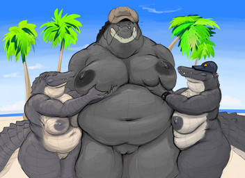 anthro beach big_breasts breast_grab breasts clothing day eyes_closed female female/female genitals group hand_on_breast hat headgear headwear nipples non-mammal_breasts non-mammal_nipples nude obese obese_anthro obese_female open_mouth outside overweight overweight_anthro overweight_female palm_tree plant seaside sharp_teeth tail teeth thick_thighs tree trio vulva doctordj amelia_(doctordj) olivia_(doctordj) alligator alligatorid crocodilian reptile scalie hi_res