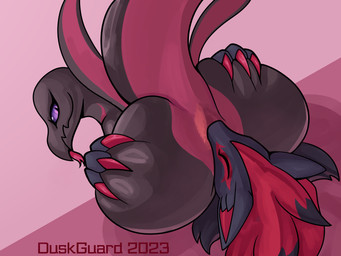 ambiguous_gender anal anthro big_butt black_body black_scales butt claws duo facesitting female female/ambiguous fur grey_body grey_fur hair nose_to_anus nude oral red_claws red_hair rimming scales sex simple_background sitting_on_another tail duskguard nintendo pokemon canid canine generation_5_pokemon generation_7_pokemon mammal pokemon_(species) reptile salazzle scalie zoroark 4:3 absurd_res hi_res