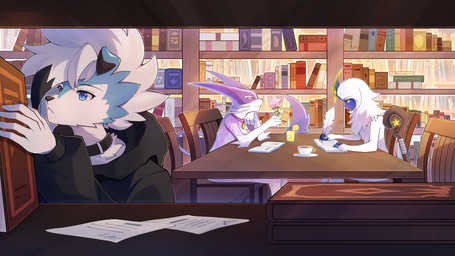 ambiguous_gender anthro beverage blue_body blue_eyes blue_fur book clothing collar flower fur group jewelry library necklace pink_body pink_fur plant pokemorph spots tail trio white_body white_fur yellow_eyes neihai nintendo pokemon kian_(kianyemao) yemao_(kianyemao) absol canid canine felid feline generation_3_pokemon generation_5_pokemon generation_7_pokemon liepard lycanroc mammal midnight_lycanroc pokemon_(species) shiny_pokemon absurd_res hi_res