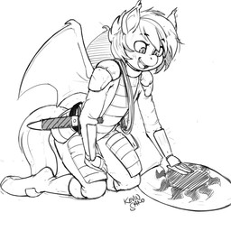 anthro armor bat_wings biped dagger female kneeling melee_weapon membrane_(anatomy) membranous_wings rope shield solo weapon wings kevinsano hasbro my_little_pony fan_character nolegs_(oc) bat_pony equid mammal 1:1 2016 monochrome