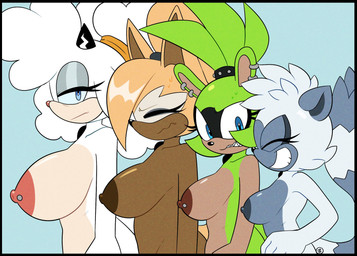 anthro areola barbell_piercing big_areola big_breasts blue_background blue_eyes bored breast_size_difference breasts brown_nipples ear_piercing ear_ring eyelashes eyes_closed female female_anthro fur glistening_eyelids green_body grey_body grey_nipples grin group hair half-closed_eyes horn long_eyelashes narrowed_eyes nipple_dip nipple_piercing nipples nude nude_female piercing ponytail ring_piercing sharp_teeth shy simple_background smile squinted_eyes tail tan_body tan_nipples tear_trough teeth white_body yellow_body yellow_fur miobadders idw_publishing sega sonic_the_hedgehog_(comics) sonic_the_hedgehog_(idw) sonic_the_hedgehog_(series) lanolin_the_sheep_(sonic) surge_the_tenrec tangle_the_lemur whisper_the_wolf afrosoricid bovid canid canine canis caprine lemur mammal primate ring-tailed_lemur sheep strepsirrhine tenrec wolf hi_res