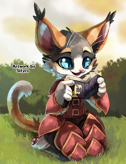 anthro armor blue_eyes book chibi fur grass kemono multicolored_body multicolored_fur open_mouth paws plant solo blitzdrachin conditional_dnp domestic_cat felid feline felis mammal