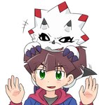 anthro black_eyes blush brown_hair duo hair horn male white_body hamu_ym bandai_namco digimon digimon_ghost_game hiro_amanokawa digimon_(species) gammamon gulusgammamon human mammal