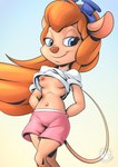 anthro bottomwear breasts camel_toe clothed clothing eyewear female goggles nipples no_bra pink_bottomwear pink_clothing pink_shorts shorts solo upshirt mysticalpha chip_'n_dale_rescue_rangers disney gadget_hackwrench mammal mouse murid murine rodent 2021 hi_res