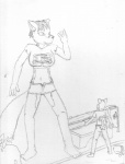animal_humanoid anthro body_size_growth bottomwear canid canid_humanoid canine canine_humanoid clothing duo female fox fox_humanoid graphite_(artwork) grin humanoid larger_female macro male mammal mammal_humanoid miniskirt monochrome pencil_(artwork) shirt size_difference size_transformation skirt smaller_male smile surprise t-shirt tail topwear traditional_media_(artwork) transformation unknown_artist