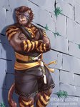 anthro belt biceps blue_eyes bottomwear brown_body brown_fur brown_hair bulge claws clothed clothing crossed_arms ear_piercing ear_ring facial_hair fangs fur hair headgear headwear leaning leaning_on_wall male muscular muscular_anthro muscular_male open_mouth pecs piercing pose ring_piercing robe sharp_teeth shorts smile solo standing striped_body striped_fur stripes teeth tongue triceps wall_(structure) yellow_stripes baiyushou final_fantasy final_fantasy_xiv square_enix felid hrothgar mammal 2020 hi_res pinup