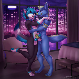 animal_genitalia animal_penis anthro anthro_on_anthro athletic athletic_anthro athletic_male balls black_body black_fur black_nose blue_balls blue_body blue_eyes blue_fur blue_hair blue_pawpads blue_penis canine_genitalia canine_penis cheek_tuft duo erection eye_contact facial_tuft frottage fur genitals glistening glistening_eyes green_body green_fur green_hair green_nose green_pawpads green_penis hair happy happy_sex inside licking licking_lips licking_own_lips looking_at_another male male/male open_mouth open_smile pawpads penile penis penises_touching self_lick sex smile sparklefur standing standing_sex striped_arms text tongue tongue_out tuft white_balls white_body white_fur neash ace_(wolf)_(acethegermanshepherd) callisto_(zoocrewus97) canid mammal 1:1 2019 absurd_res artist_name dated hi_res url