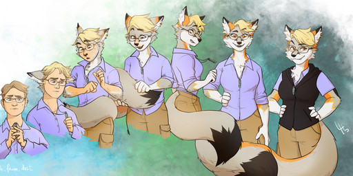 anthro black_body black_ear_tips black_fur black_nose black_tail_tuft blonde_hair bottomwear breasts cargo_shorts chest_tuft clothed clothed_anthro clothed_female clothing collared_shirt dipstick_ears ear_markings ear_piercing ear_ring eyewear female fur gender_transformation glasses grey_body grey_fur grey_tail hair hands_on_hips hoodie_vest humanoid_hands inner_ear_fluff jewelry light_body light_skin looking_at_viewer markings multicolored_body multicolored_ears multicolored_fur necklace orange_body orange_eyes orange_fur piercing rectangular_glasses ring_piercing shirt shorts smile smiling_at_viewer solo species_transformation tail tail_tuft topwear transformation transformation_sequence tuft wearing_glasses white_body white_fur white_inner_ear_fluff yellow_markings ash_from_dust canid canine fox human mammal 2025 digital_drawing_(artwork) digital_media_(artwork) english_description hi_res nonbinary_(lore)