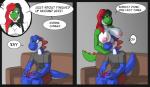 anthro big_breasts breasts duo female hair multicolored_hair nipples simple_background tala128 mario_bros nintendo desire_yoshi tala_(tala128) blue_yoshi green_yoshi scalie yoshi hi_res