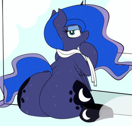 big_butt blue_body blue_hair bodily_fluids butt eyelashes feathered_wings feathers female feral hair horn huge_butt looking_at_viewer looking_back pupils quadruped sitting solo sweat sweaty_butt tail three-quarter_view towel wings blitzyflair friendship_is_magic hasbro my_little_pony mythology princess_luna_(mlp) equid equine mammal mythological_creature mythological_equine winged_unicorn hi_res