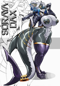 4_toes abs accessory anthro areola athletic athletic_anthro athletic_female barbell_piercing big_breasts big_butt big_tail biped black_areola black_body black_clothing black_nipples black_skin blue_hair bottomless breasts butt claws clothed clothing countershade_torso countershading curvy_figure dark_areola digitigrade ear_piercing ear_ring egyptian eyelashes facial_tattoo featureless_crotch feet female female_anthro fin fingers footwear furgonomic_piercing furgonomics genitals gills glistening glistening_body glistening_breasts glistening_thighs gold_(metal) gold_jewelry grey_body grey_hair grin gun hair handgun highlights_(coloring) holding_gun holding_handgun holding_object holding_ranged_weapon holding_weapon huge_breasts jacket jewelry legwear long_tail looking_at_viewer mostly_nude multicolored_body multicolored_hair muscular muscular_anthro muscular_female navel nipple_barbell nipple_dip nipple_piercing nipples non-mammal_breasts non-mammal_hair non-mammal_navel non-mammal_nipples non-mammal_vulva nude open_clothing open_jacket open_topwear partially_clothed piercing puffy_nipples purple_clothing purple_legwear ranged_weapon ring ring_(jewelry) ring_piercing scales shark_tail sharp_teeth simple_background smile solo standing stockings tail tail_accessory tail_fin tail_jewelry tail_ring tailband tattoo teeth text thick_tail thick_thighs thigh_highs toe_claws toes topwear two_tone_body two_tone_hair voluptuous vulva weapon white_background white_body white_breasts white_hair white_skin wide_hips yellow_eyes albinion soraya_dax aquatic fish shark absurd_res digital_media_(artwork) english_text full-length_portrait hi_res portrait