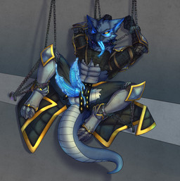anthro armor balls beak blue_body blue_penis blue_scales blue_tongue bodily_fluids bound chain chained chainmail clothing collar cum cum_drip cum_on_armor cum_on_leg cum_on_penis cumshot dripping ejaculation erection gauntlets genital_fluids genitals gloves glowing glowing_cum glowing_eyes glowing_genitalia glowing_penis glowing_tongue greaves hands_behind_head handwear knot leather leather_armor long_tongue looking_at_viewer male multi_genitalia orgasm penis poleyn pteruges scales solo straps submissive submissive_male teeth tongue tongue_out torn_clothing unusual_bodily_fluids unusual_cum unusual_genital_fluids vambrace white_body white_scales yellow_eyes gotikamaamakitog capcom monster_hunter vayhl'ayne_(vahlyance) flying_wyvern nargacuga 2022 absurd_res digital_media_(artwork) hi_res signature