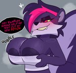 anthro areola areola_slip bedroom_eyes big_breasts black_nose blush blush_lines bodily_fluids breasts clothing crop_top drooling eyelashes eyeshadow female fur hair holding_breast huge_breasts makeup musk musk_clouds narrowed_eyes nipples one_eye_obstructed pink_eyes pink_hair purple_body purple_fur purple_hair purple_nipples saliva seductive shirt short_hair simple_background solo topwear yellow_eyes crushpepper indigo_park salem_the_skunk mammal mephitid skunk 2025 colored hi_res
