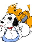 anthro anthrofied big_breasts big_butt breasts butt cleavage clothed clothing collar crossgender duo eyeshadow feathers female fur gesture hand_gesture lidded_eyes lipstick makeup shirt tank_top thick_thighs topwear v_sign white_body white_fur yellow_body yellow_feathers seanmalikdesigns peanuts_(comic) snoopy woodstock_(peanuts) avian beagle bird canid canine canis domestic_dog hunting_dog mammal scent_hound hi_res