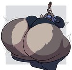 anthro big_breasts big_butt black_nose blue_bottomwear blue_clothing blue_legwear blue_shirt blue_shorts blue_stockings blue_topwear blush border bottomwear breast_expansion breasts butt butt_expansion clothing curvy_figure expansion female grey_background grey_body grey_ears grey_tail hourglass_expansion hourglass_figure huge_breasts huge_butt huge_thighs hyper hyper_breasts hyper_butt hyper_thighs legwear looking_back looking_back_at_self motion_lines outline pink_inner_ear purple_eyes rear_view scut_tail shirt short_tail shorts simple_background solo stockings tail thick_thighs thigh_expansion tight_clothing topwear white_border white_outline puffylover1 disney zootopia judy_hopps lagomorph leporid mammal rabbit 2024 cel_shading colored digital_media_(artwork) hi_res shaded