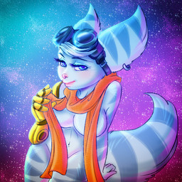 5_fingers anthro bedroom_eyes big_breasts blue_eyes blush breasts convenient_censorship cosmic_background cybernetic_arm cybernetic_limb ear_piercing ear_ring eyelashes eyewear eyewear_on_head female fingers fur goggles goggles_on_head hair half-closed_eyes lips looking_at_viewer narrowed_eyes nude piercing prosthetic prosthetic_arm prosthetic_limb ring_piercing scarf seductive simple_background smile solo space space_background standing star starry_background stripes thick_thighs white_body white_fur wide_hips makotokino ratchet_and_clank sony_corporation sony_interactive_entertainment rivet_(ratchet_and_clank) lombax mammal 1:1 hi_res