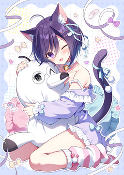 accessory ahoge animal_ears band-aid bandage bare_legs bare_shoulders bell bell_collar blush bow_(feature) clothed clothing collar collarbone dress female fluffy_ears footwear furgonomics hair hair_accessory hair_between_eyes heart_symbol hug hugging_object hugging_pillow long_socks multicolored_clothing multicolored_footwear multicolored_socks one_eye_closed open_mouth partially_clothed pillow purple_clothing purple_dress purple_eyes purple_hair raised_tail ribbons short_hair sitting socks tail tail_accessory two_tone_clothing two_tone_footwear two_tone_socks wariza young young_female young_humanoid mauve_(artist) animal_humanoid cat_humanoid felid felid_humanoid feline feline_humanoid humanoid mammal mammal_humanoid hi_res