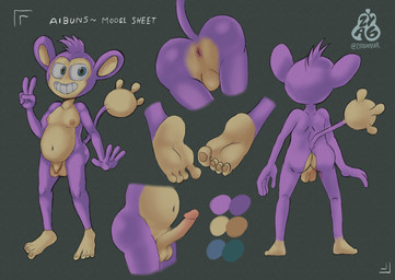 4_toes anthro anus backsack balls belly butt erection feet flaccid foreskin genitals gesture grey_background hand_gesture humanoid_genitalia humanoid_penis long_foreskin looking_at_viewer male nails navel nipples nude penis rear_view simple_background slightly_chubby smile soles solo tail toenails toes unretracted_foreskin v_sign zyasixpear nintendo pokemon aibuns_(zyasixpear) aipom generation_2_pokemon haplorhine mammal monkey pokemon_(species) primate hi_res model_sheet