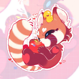 apple eating eyes_closed female feral fluffy fluffy_tail food fruit heart_(marking) markings plant rubber_duck solo tail takoya_de ailurid mammal red_panda 1:1 hi_res