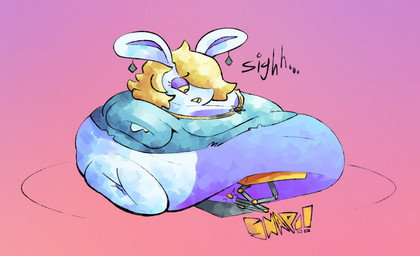 anthro belly big_belly big_breasts blonde_hair blue_body blue_eyes blue_fur blue_inner_ear blue_skin bottomless bottomless_anthro bottomless_female breasts clothed clothed_female clothing disappointed ear_piercing eyelashes fat_arms fat_legs female female_anthro fur gradient_background hair hair_over_eye half-closed_eyes huge_belly hyper hyper_belly immobile light long_ears long_hair looking_at_own_belly mitten_hands morbidly_obese morbidly_obese_anthro morbidly_obese_female multicolored_body narrowed_eyes noseless obese obese_anthro obese_female onomatopoeia overweight overweight_anthro overweight_female piercing pupils purple_eyelids shirt sigh sighing simple_background sound_effects teal_clothing teal_shirt teal_topwear text topwear torn_clothing torn_shirt torn_topwear trampoline_(mario) two_tone_body yellow_pupils yellow_sclera octoguy mario_bros mario_plus_rabbids_sparks_of_hope nintendo raving_rabbids rayman_(series) ubisoft rabbid_rosalina lagomorph mammal rabbid 2023 colored crossover digital_drawing_(artwork) digital_media_(artwork) english_description lighting shaded