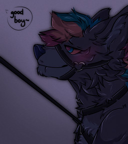 anthro blush fur hair harness leash leash_pull male simple_background smile solo puppitoys polaroid_(puppitoys) canid canine canis mammal wolf digital_media_(artwork)
